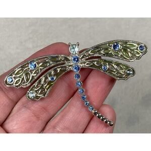 Vintage Dragonfly Pin Brooch Silvertone Light Blue Clear Rhinestone Green Enamel